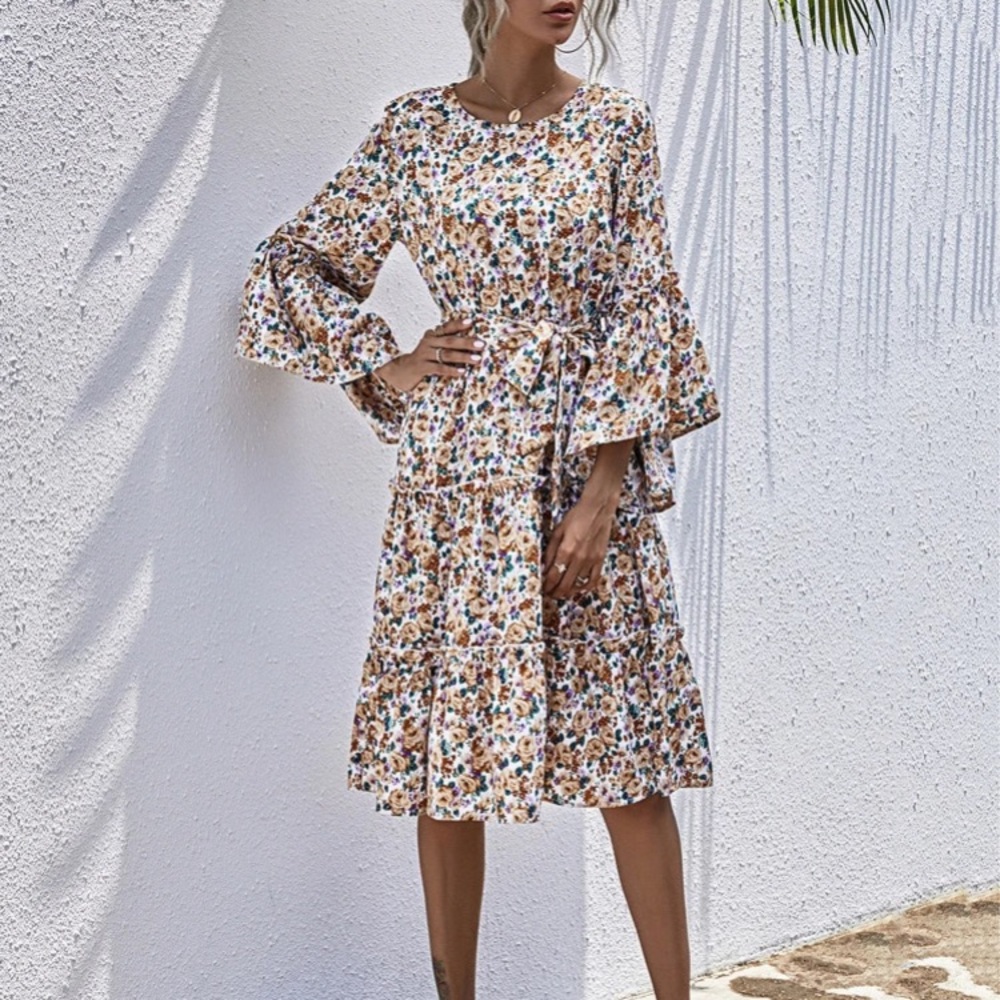 Floral Flounce Sleeve Belted Layered Hem Dress